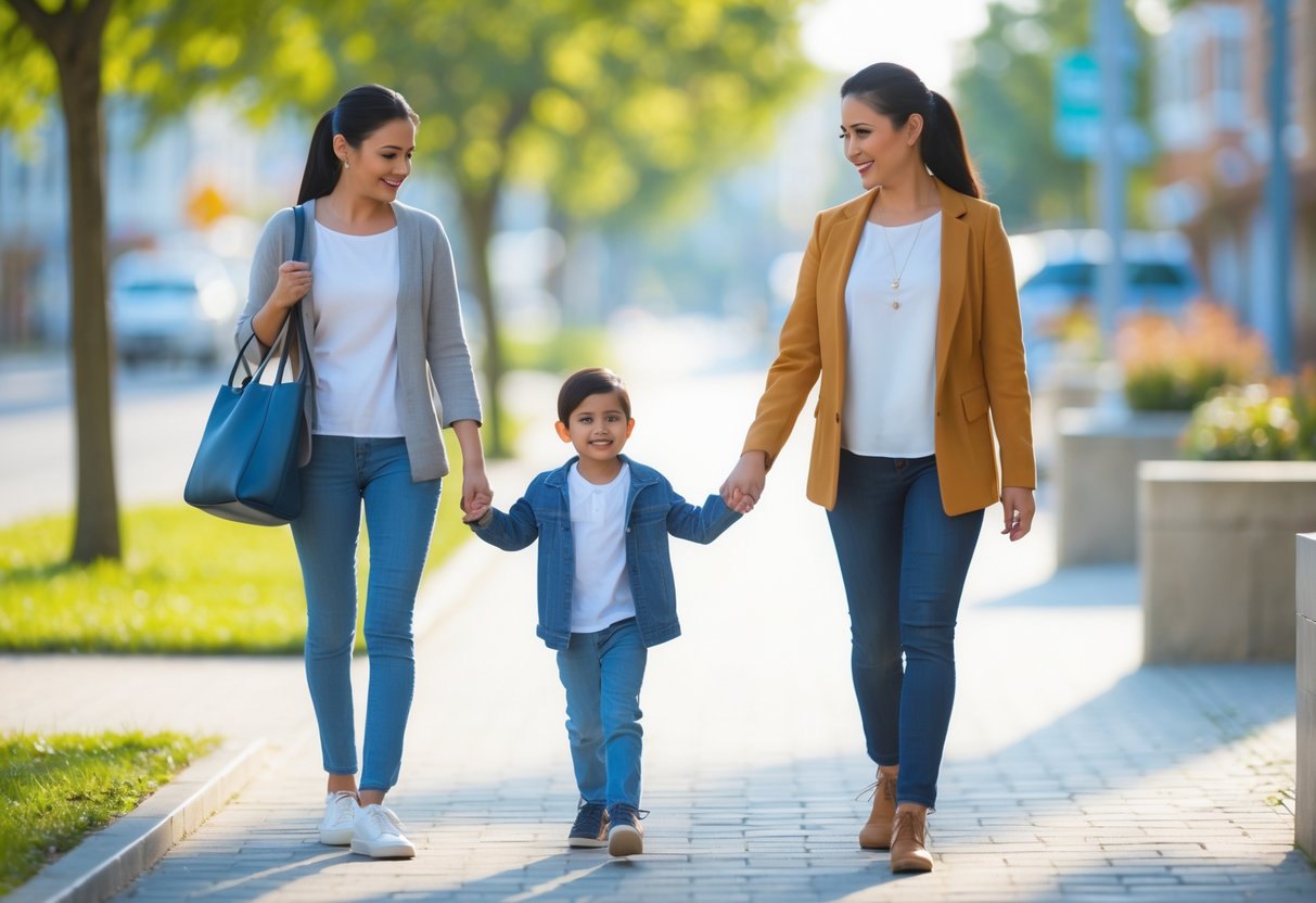 A child happily walking hand-in-hand with one adult while waving goodbye to another adult in a park setting.