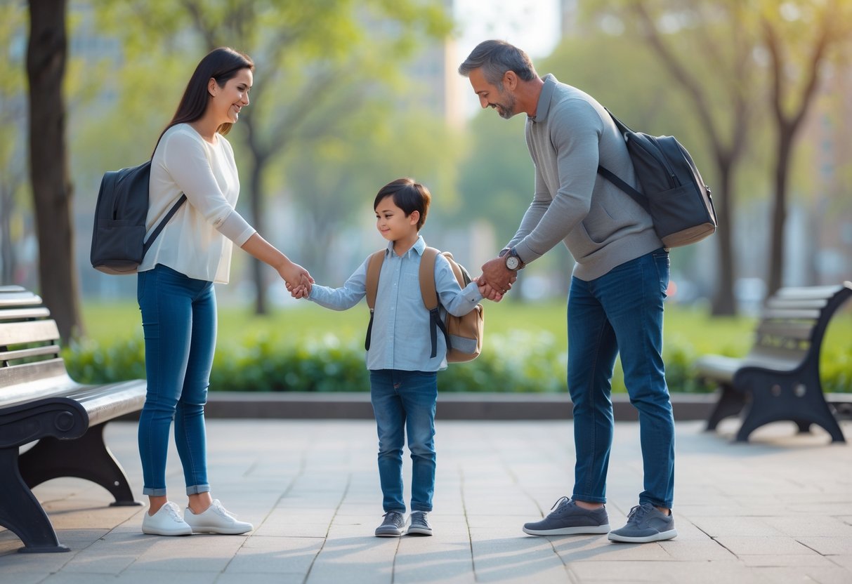 A mother and father calmly exchanging a young child outdoors in a park during the daytime.