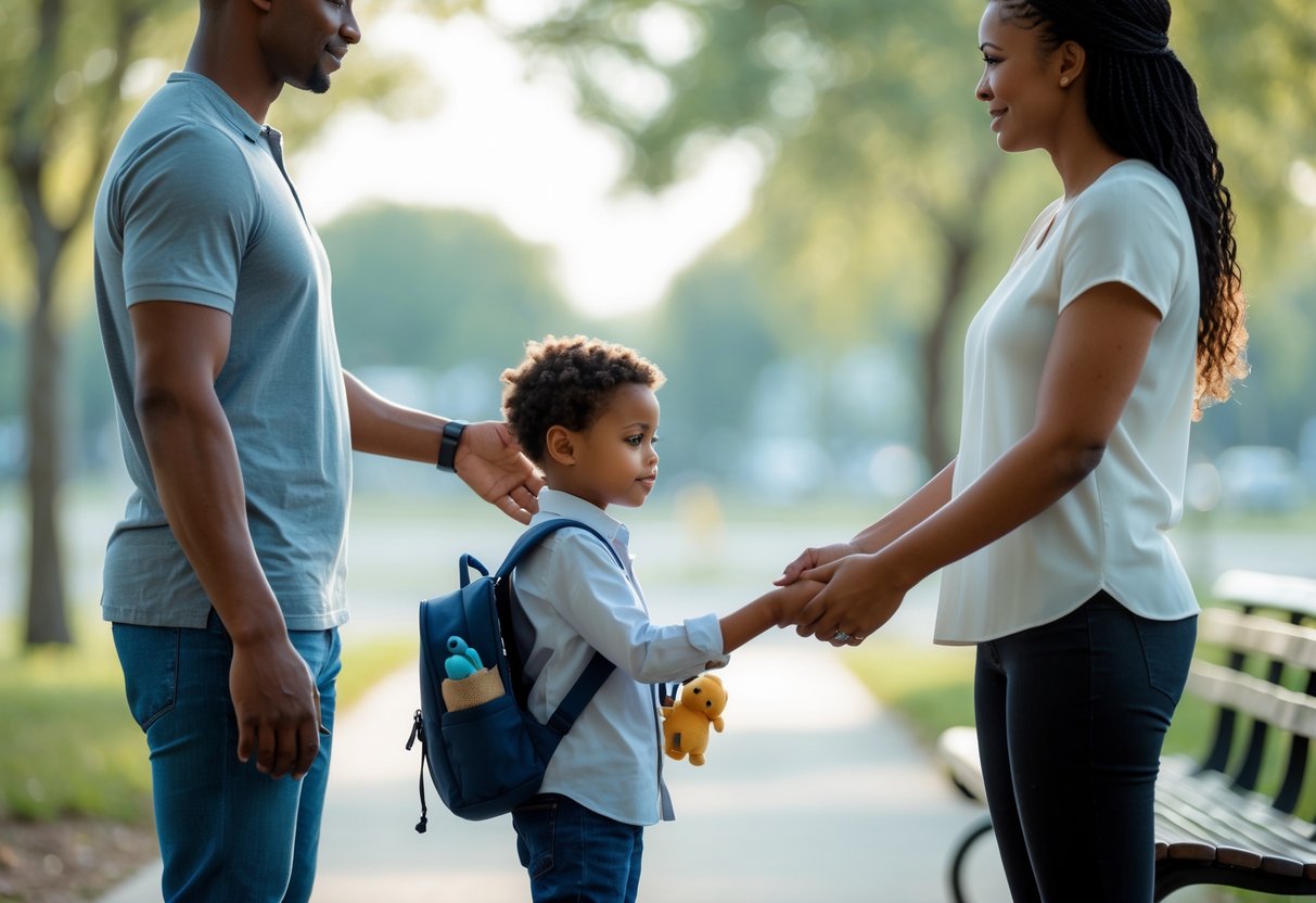 A calm parent handing over a young child to another adult in a peaceful outdoor setting.