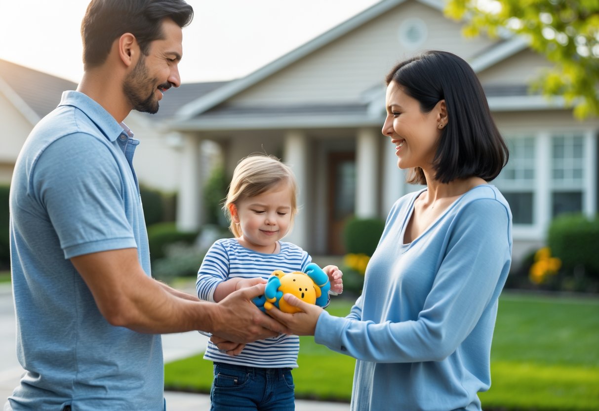 Two adults calmly exchanging a child outside a suburban home during a custody handoff.