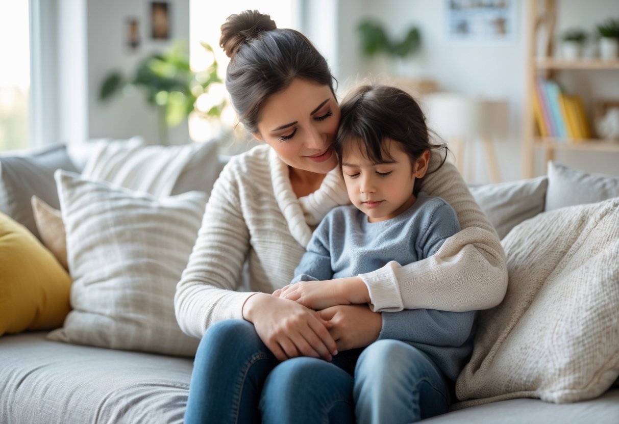 A parent gently comforting a sad child on a couch in a bright living room.