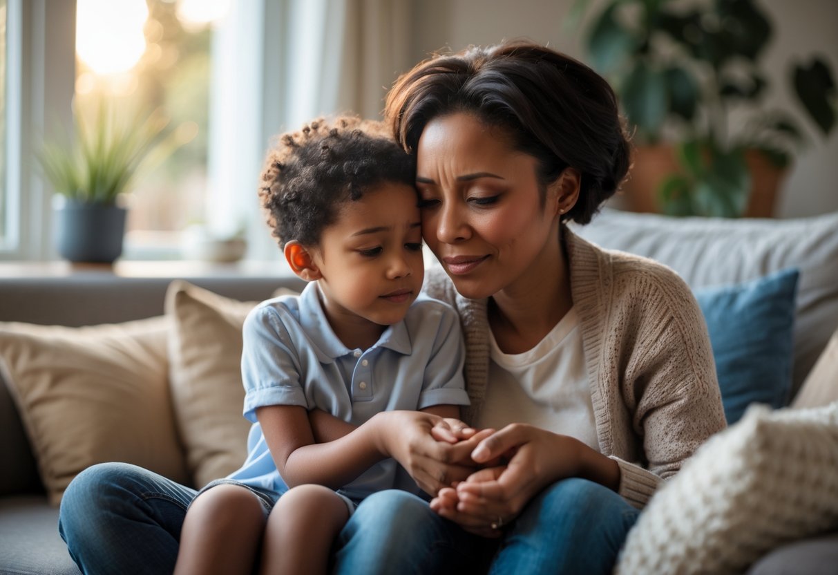 A parent and child sitting closely together in a living room, the parent holding the child's hands and offering comfort.