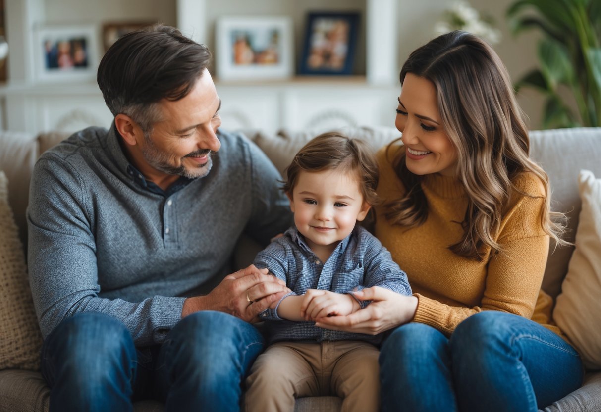 A child sitting between two parents on a sofa, all smiling and showing affection in a cozy home setting.
