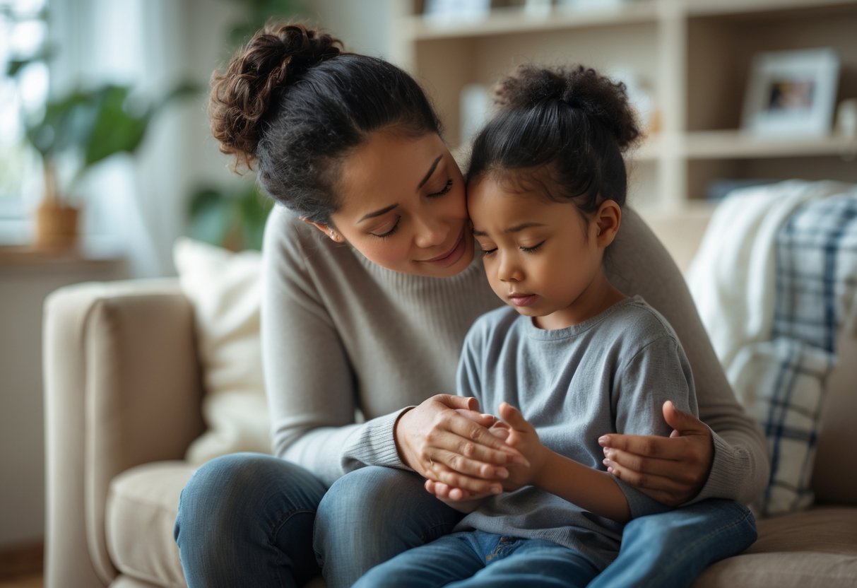 A parent gently comforting their child in a cozy home, showing support and care.