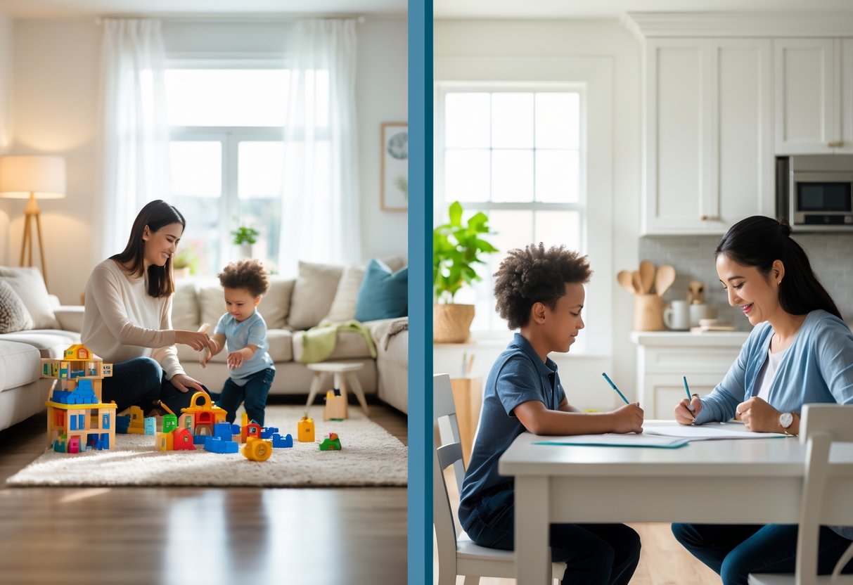 Two separate scenes showing a mother playing with her child in a living room and a father helping his child with homework at a kitchen table, illustrating parallel parenting.