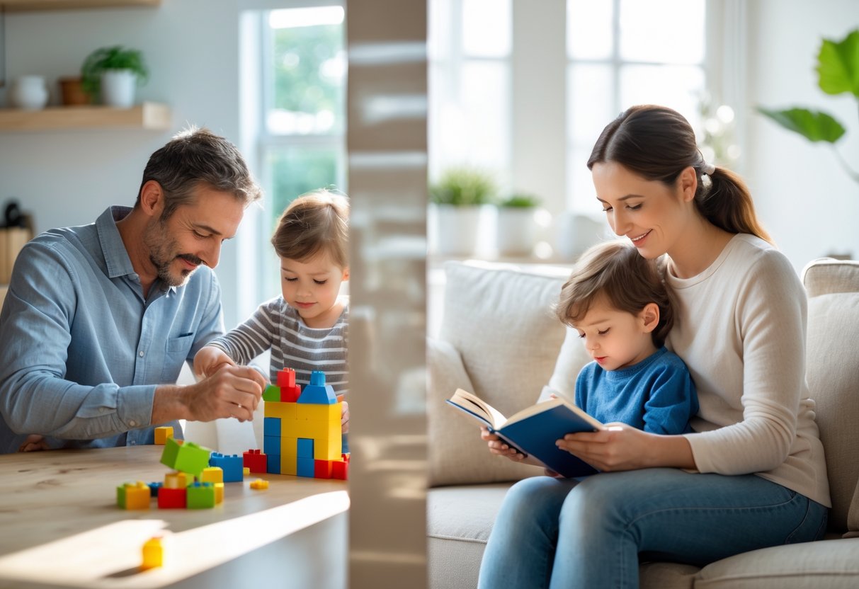 A father playing with his child at a table and a mother reading with her child on a couch, shown side by side separated by a subtle partition.