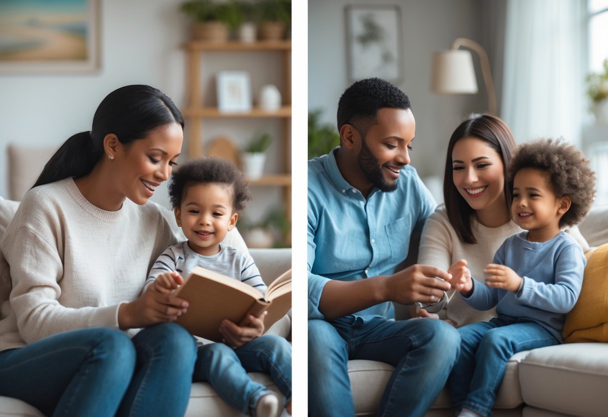 A child happily interacting with two different parents in separate home settings, each showing warmth and care.