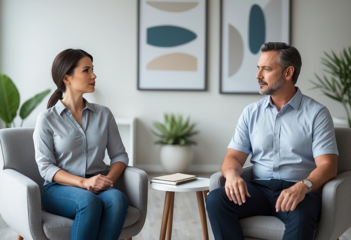 Two adults sitting separately in a calm therapy office, facing forward with a small table between them.