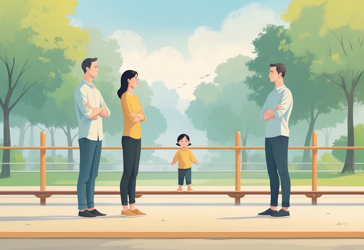 Two adults standing apart watching a child playing in a park, showing a calm but distant co-parenting interaction.