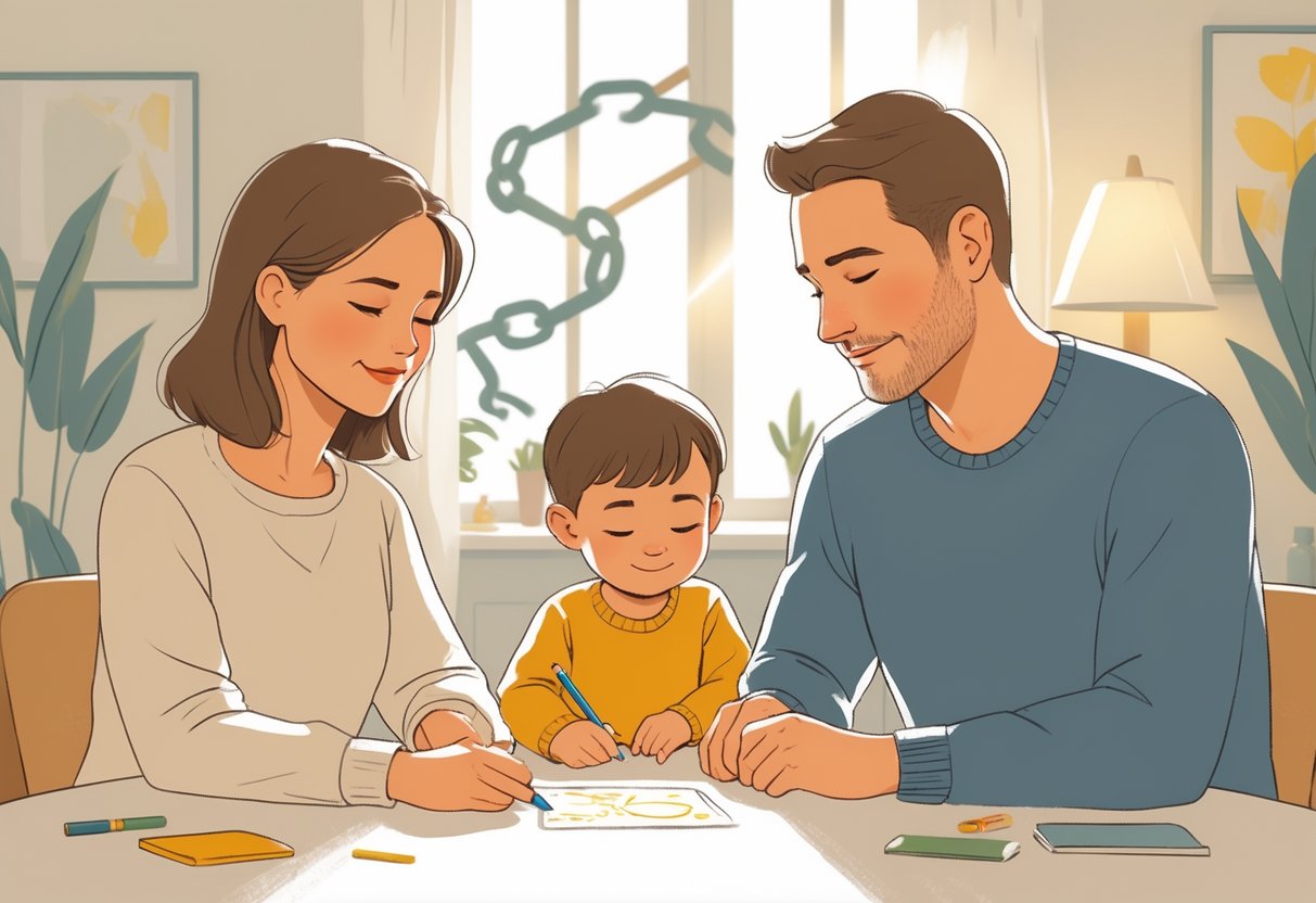 Two parents sitting calmly at a table with their child, who looks happy and secure, in a peaceful home setting.