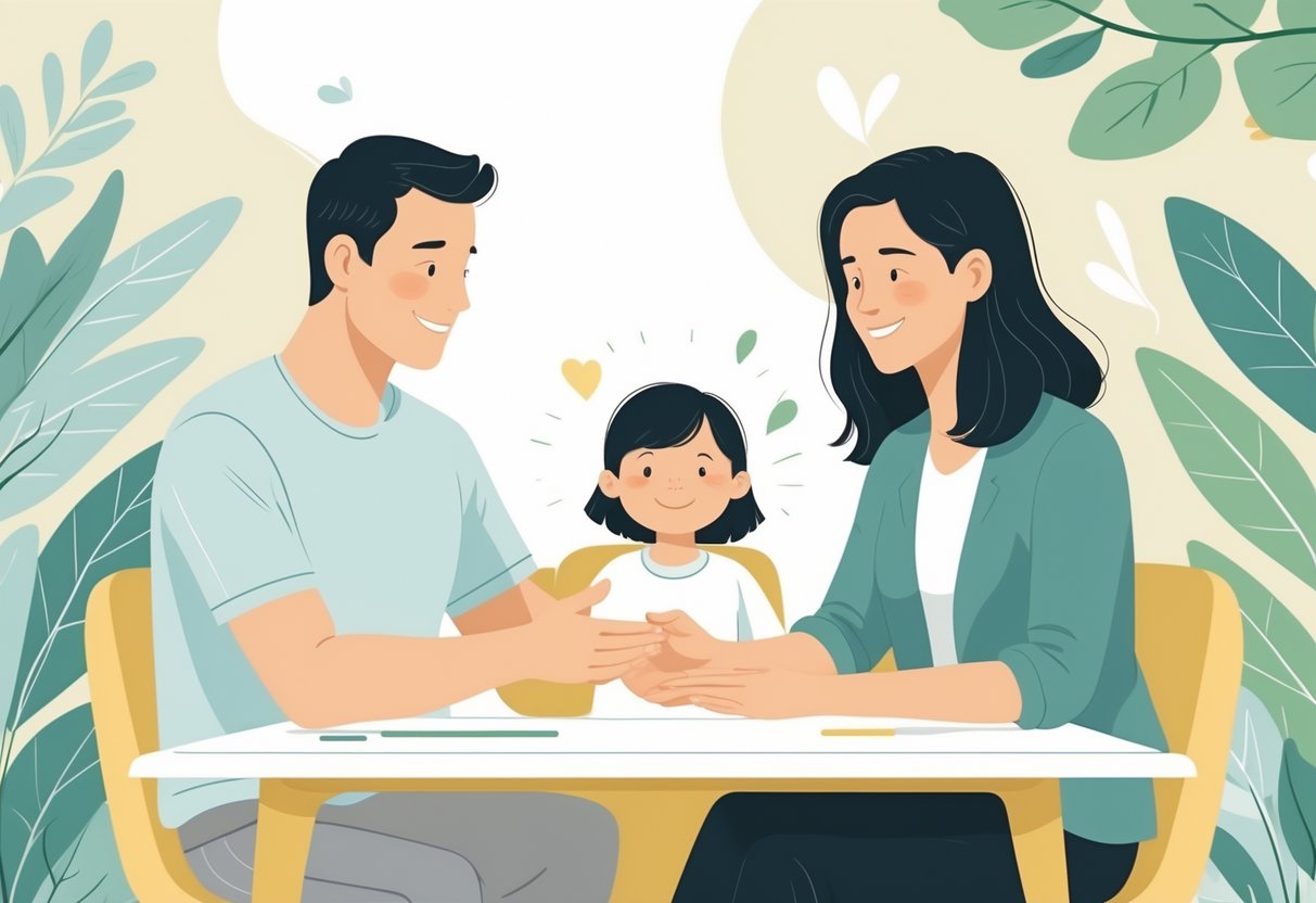 Two adults sitting at a table with a child between them, showing a calm and cooperative co-parenting moment in a peaceful setting.