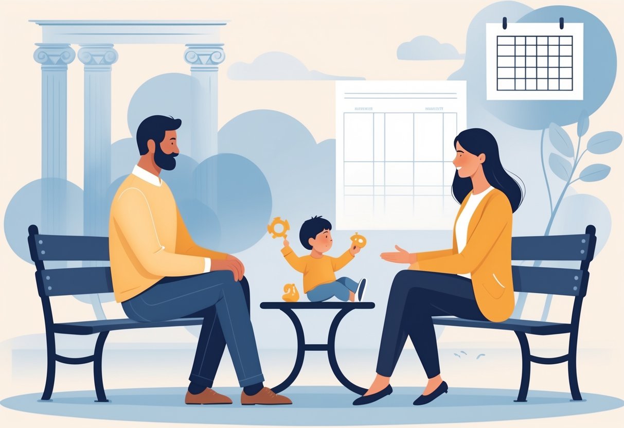 Two adults calmly interacting with a child between them, with subtle legal symbols in the background representing co-parenting arrangements.