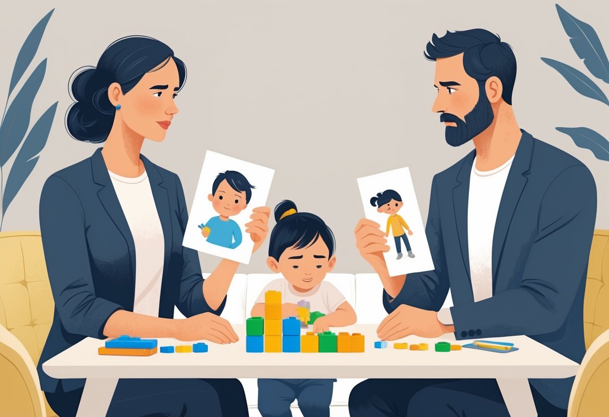 Two adults sitting across from each other at a table with a child playing nearby, showing co-parenting in a calm setting.