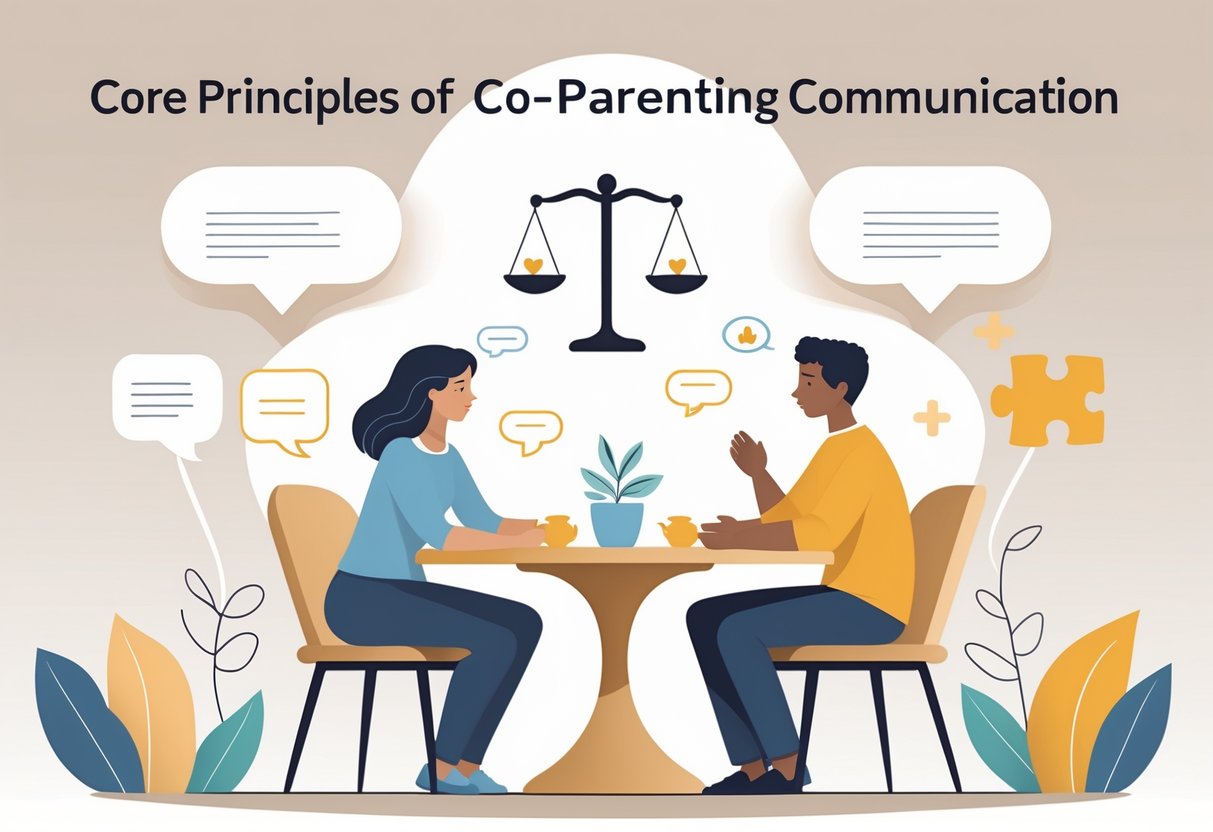 Two parents sitting at a table calmly talking, surrounded by symbols representing communication, fairness, and collaboration.