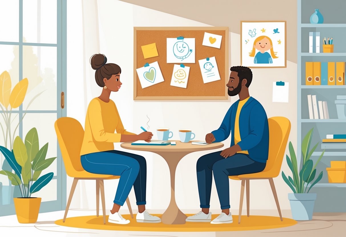 Two parents sitting at a table having a calm and respectful conversation with a child's drawing in the background.