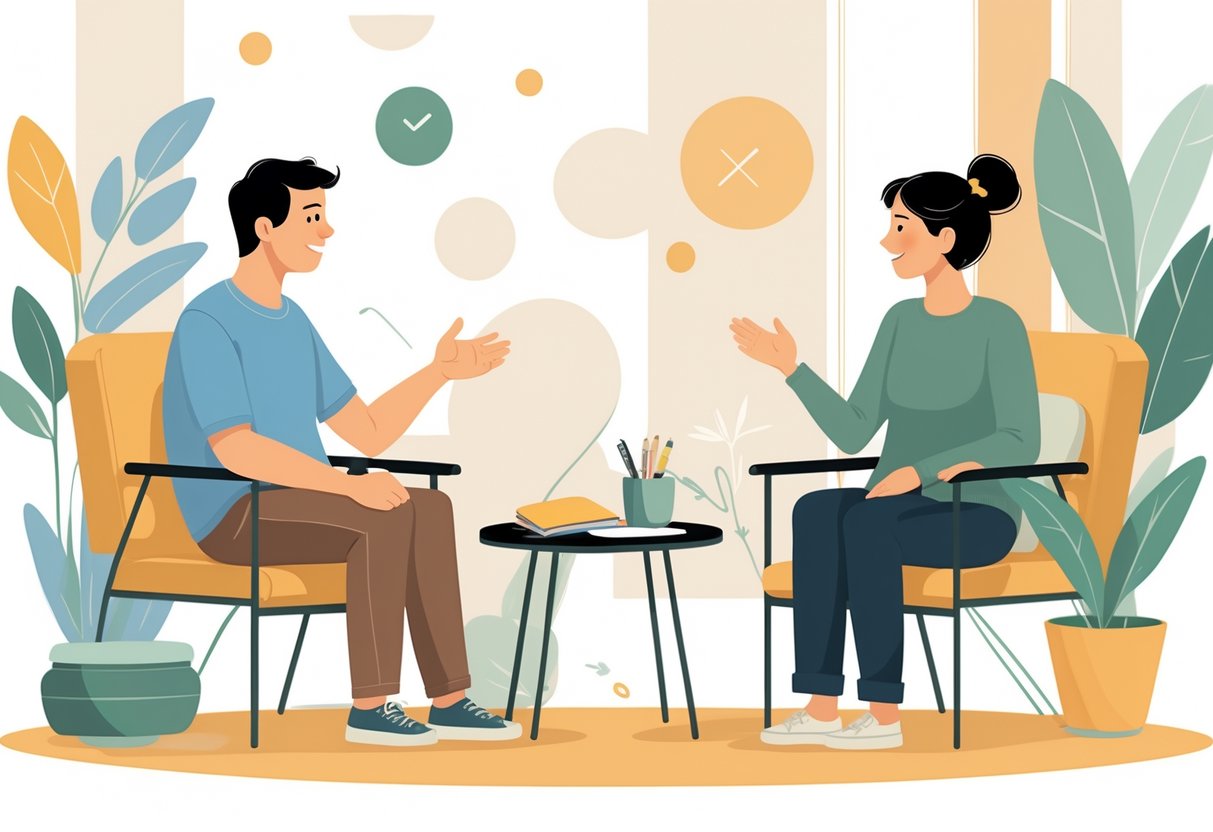 Two parents sitting and talking calmly with a child playing nearby, showing cooperative co-parenting.