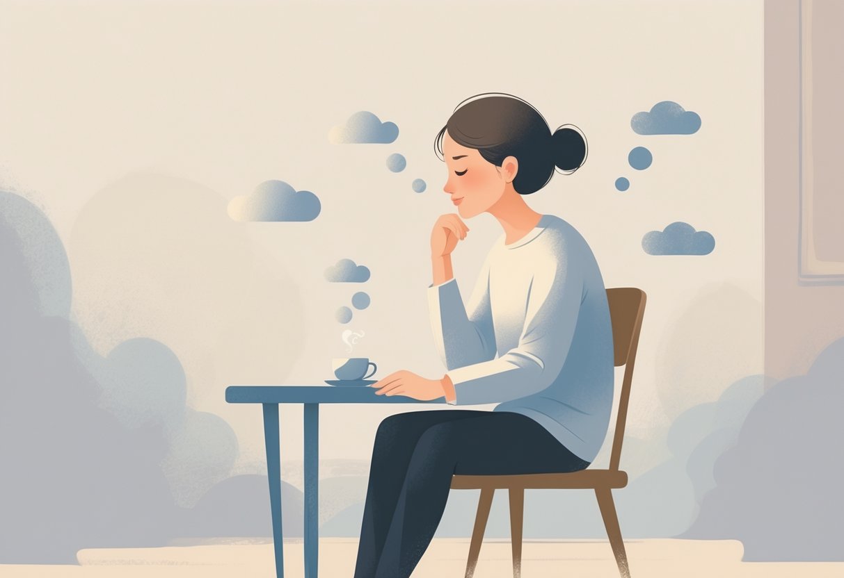 A person sitting alone at a table, looking thoughtful and reflective, holding a cup with abstract shapes around them representing emotions.