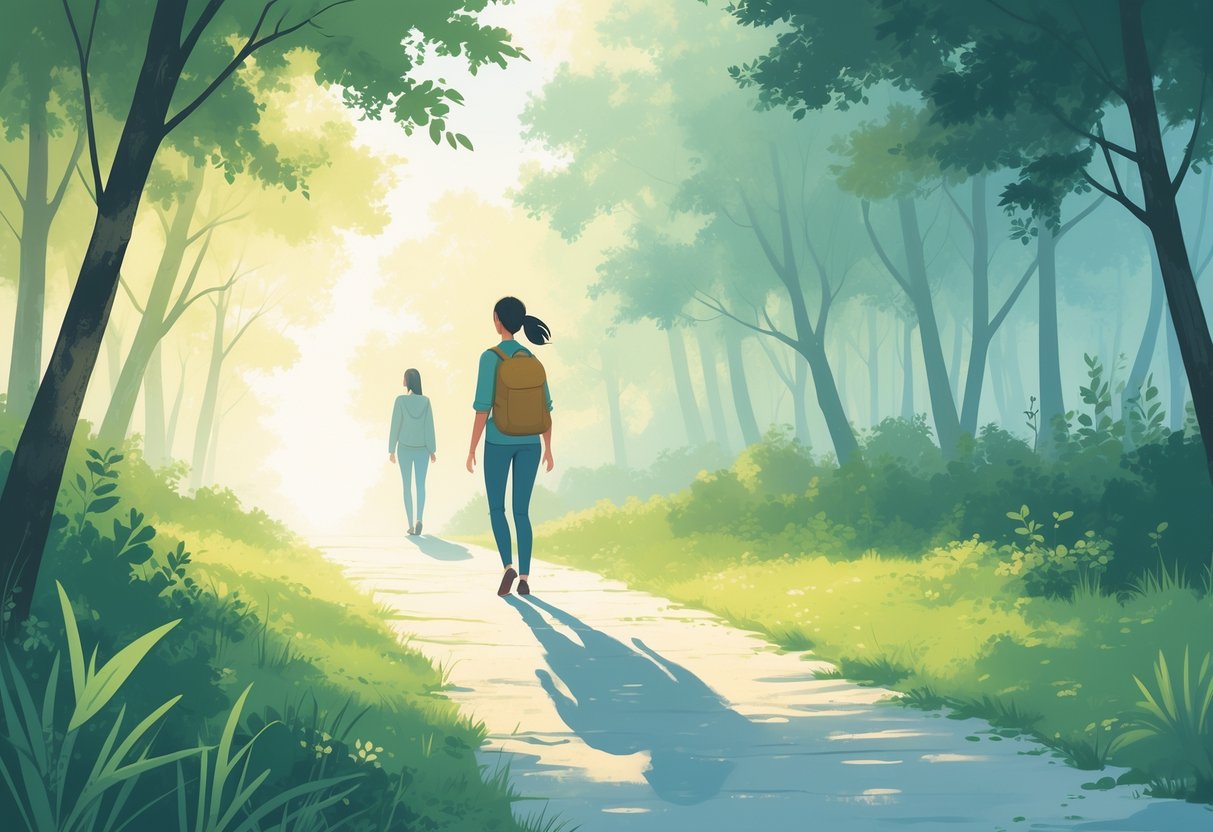 A person walking alone on a sunlit path surrounded by trees, symbolizing moving forward peacefully while another figure stands distantly in the background.