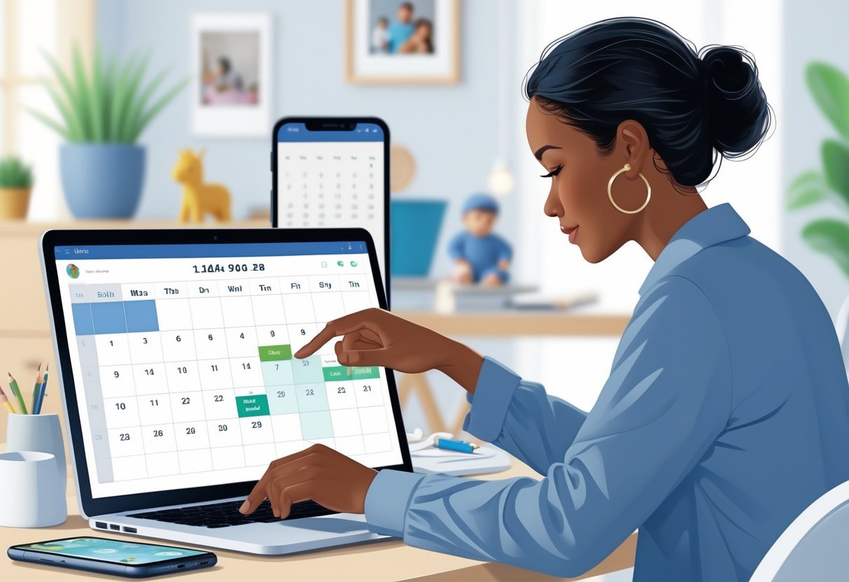A person calmly adjusting schedule changes on a laptop calendar in a home office with children's toys and a family photo in the background.