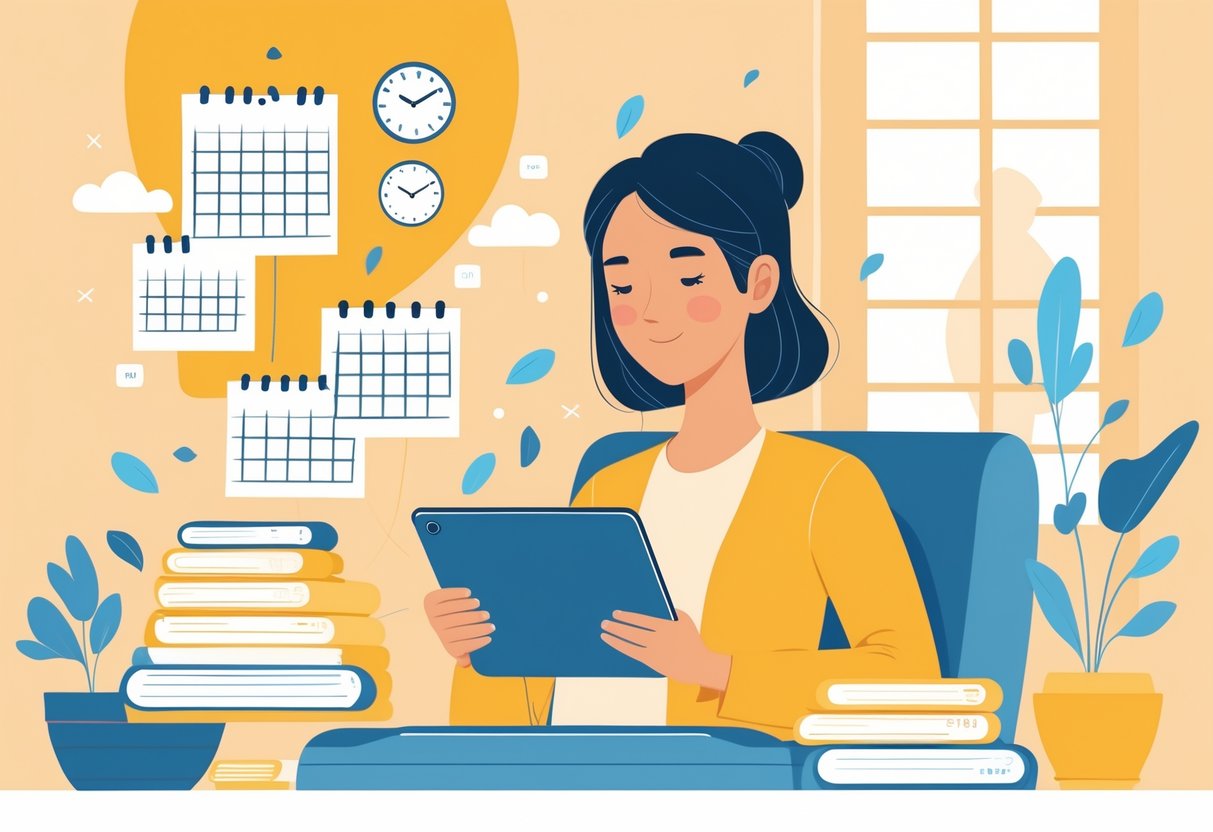 A single parent calmly managing a schedule on a tablet at home, with floating calendar pages and clocks around, and a faint figure in the background representing an unreliable ex.