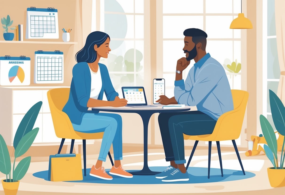 A mother and father sitting at a table discussing schedules while their child plays nearby.