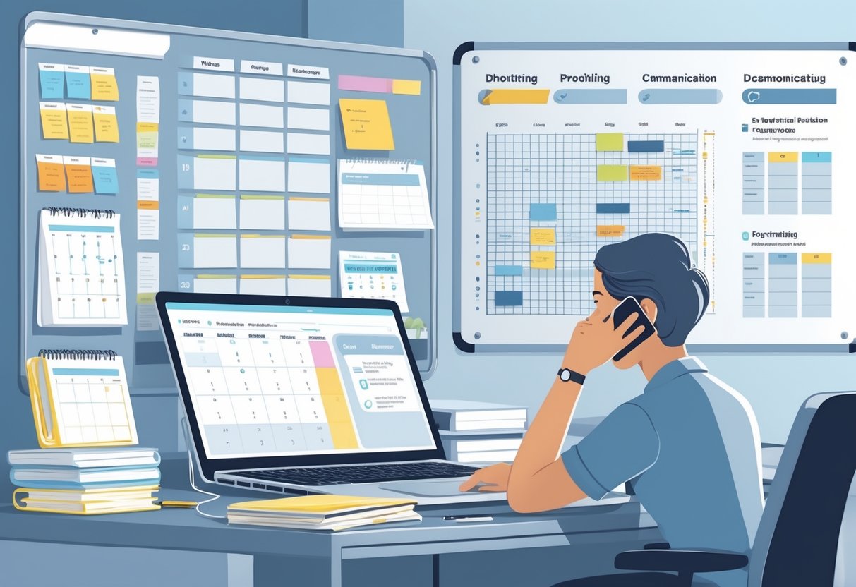Person at a desk reviewing a schedule on a laptop surrounded by calendars, notes, and a whiteboard with sticky notes, representing managing schedule changes.