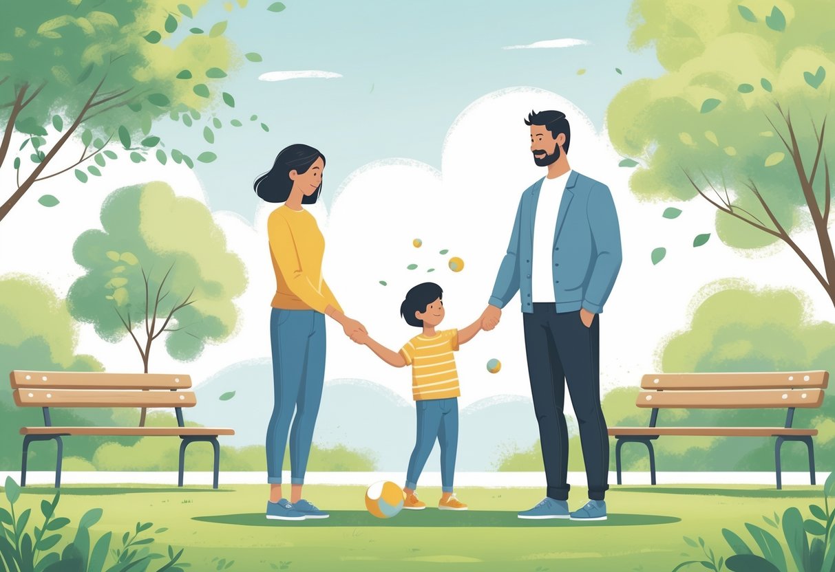 Two adults and a child playing together peacefully in a park, showing cooperation and shared parenting.