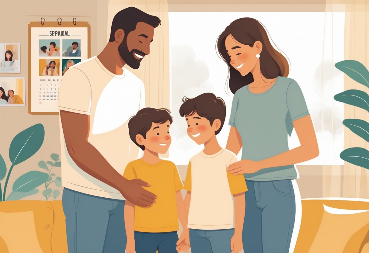 Two adults and two children standing together indoors, smiling and interacting in a warm and supportive way.