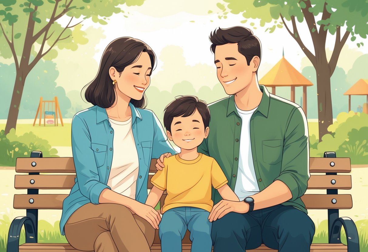 A mother and father sitting on a park bench with their child between them, all appearing calm and supportive in a peaceful outdoor setting.