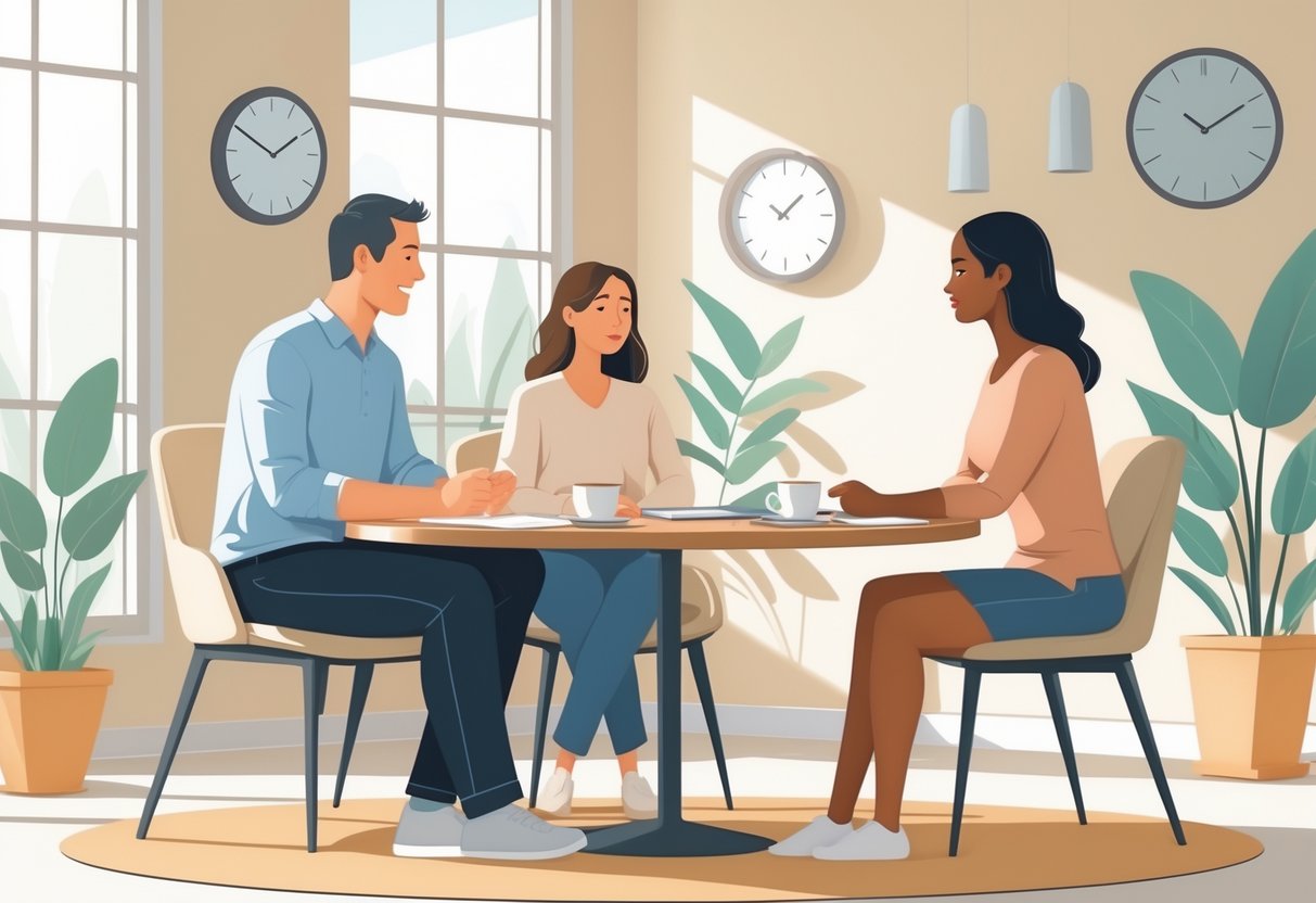 Two separated parents sitting at a table talking calmly with a mediator present in a peaceful room.