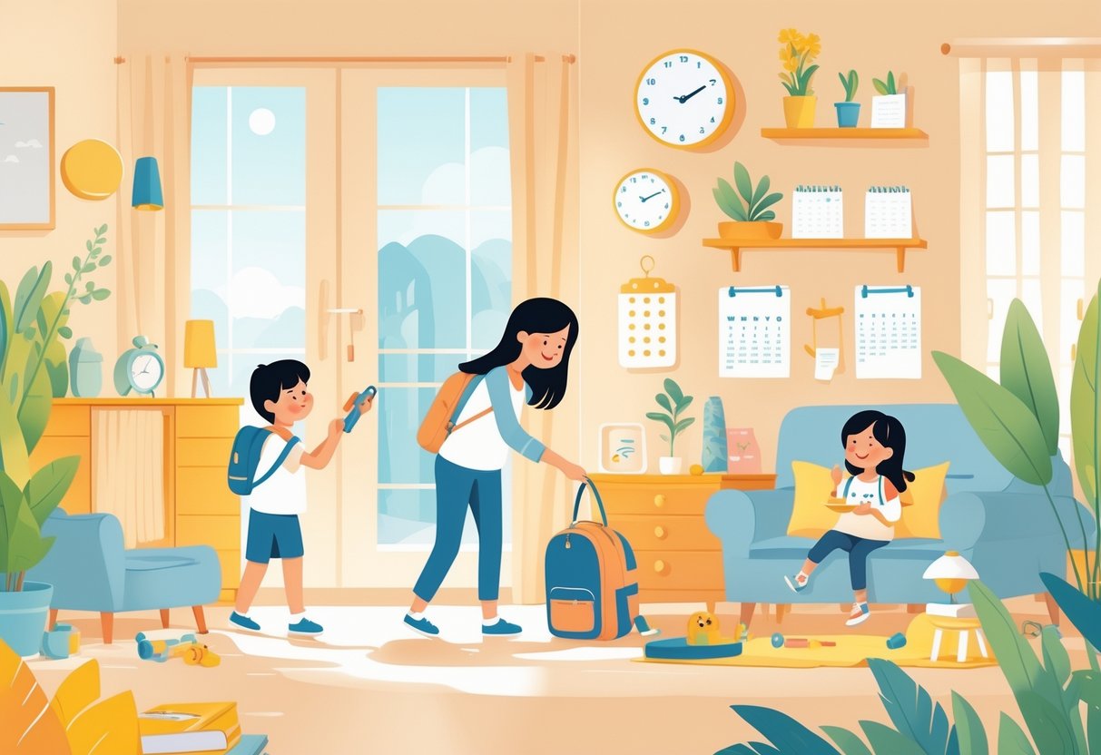 A child happily engaging in daily routines with an adult in a warm home environment, showing two connected living spaces to represent adjusting between homes.