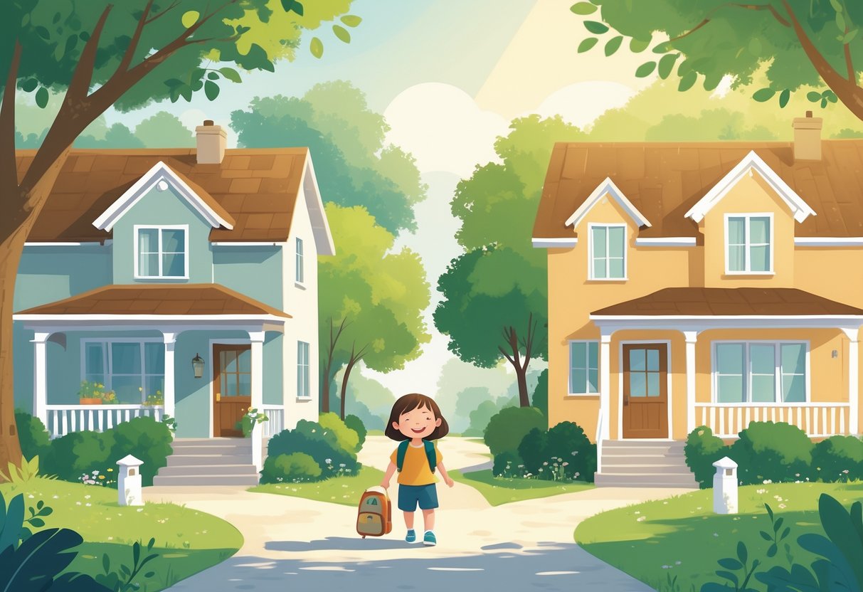 A child happily walking between two welcoming homes with adults nearby offering support.