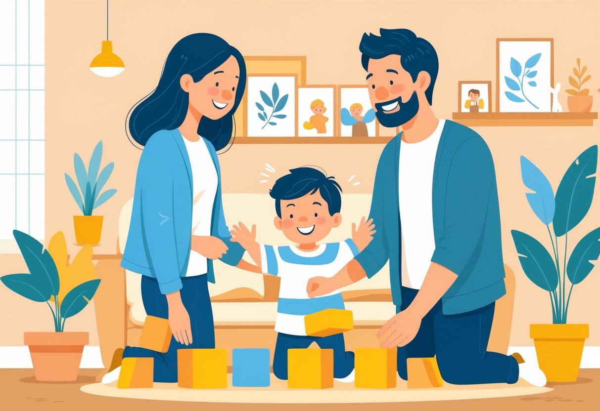 Two parents smiling supportively at a child playing with building blocks in a cozy living room.