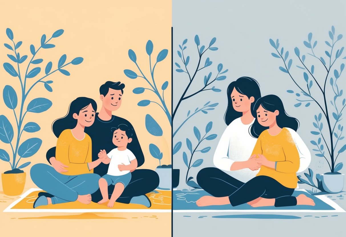 A split scene showing cooperative parents happily interacting with a joyful child on one side, and distant, arguing parents with a sad child on the other side.
