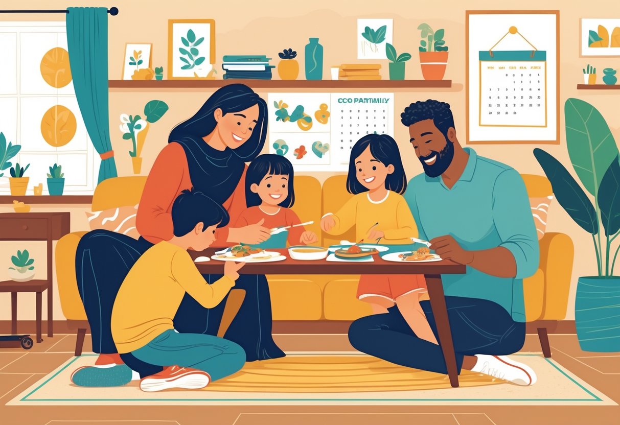Two adults cooperatively caring for children in a warm home setting, showing a happy family interacting and supporting each other.