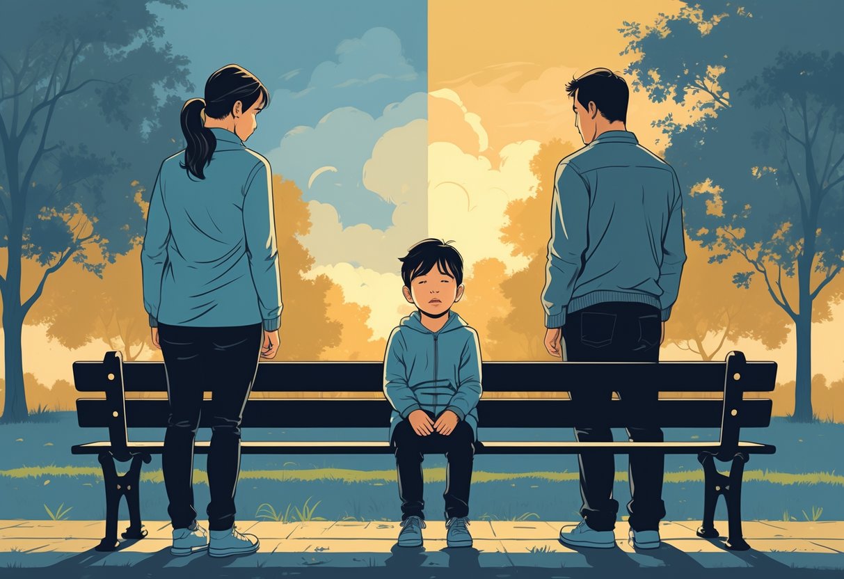 A young child sitting alone on a bench looking sad, with two adults standing apart facing away from each other in the background.