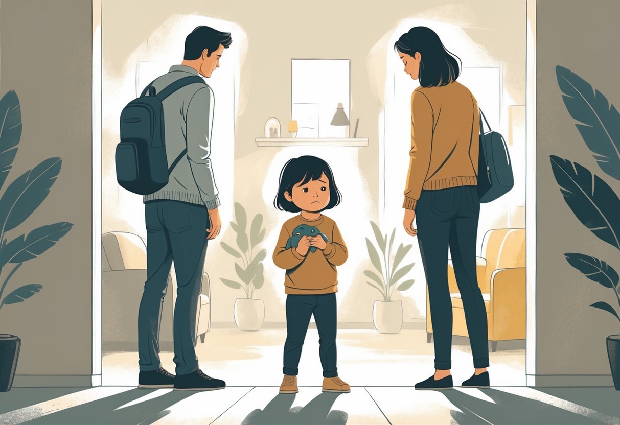 A young child stands between two distant adults who face away from each other, looking confused and sad.
