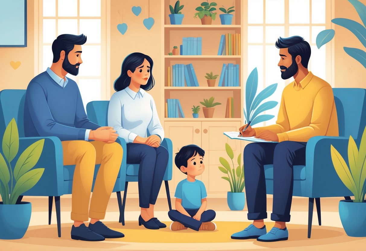 A child sits between two concerned parents and a counselor in a warm office, depicting a family support session.