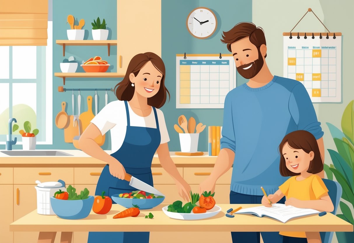 A mother cooking in the kitchen and a father helping a child with homework at the table in a cozy home, showing shared parenting duties.