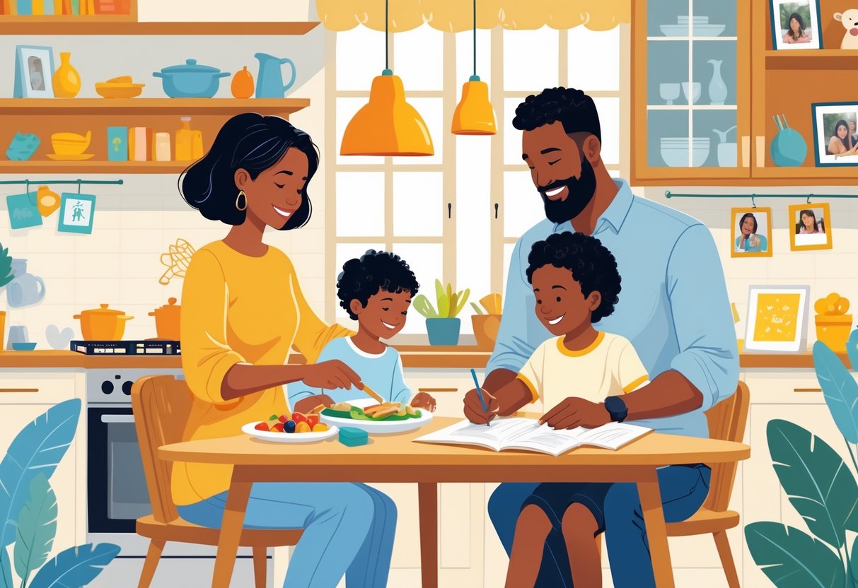 A mother and father sharing child-rearing tasks in a home, with the mother cooking and the father helping their child with homework.