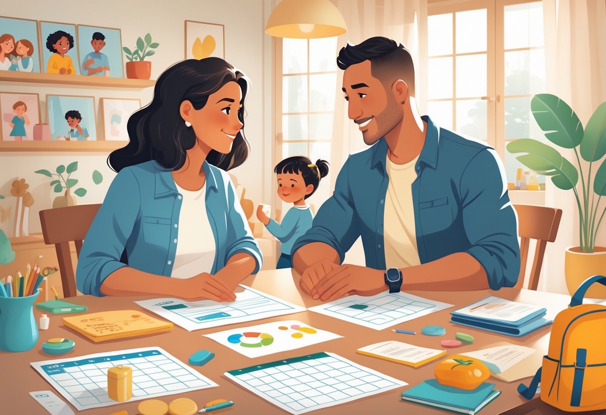 Two parents sitting at a table discussing a parenting plan with children's items around, showing cooperation and shared responsibilities.
