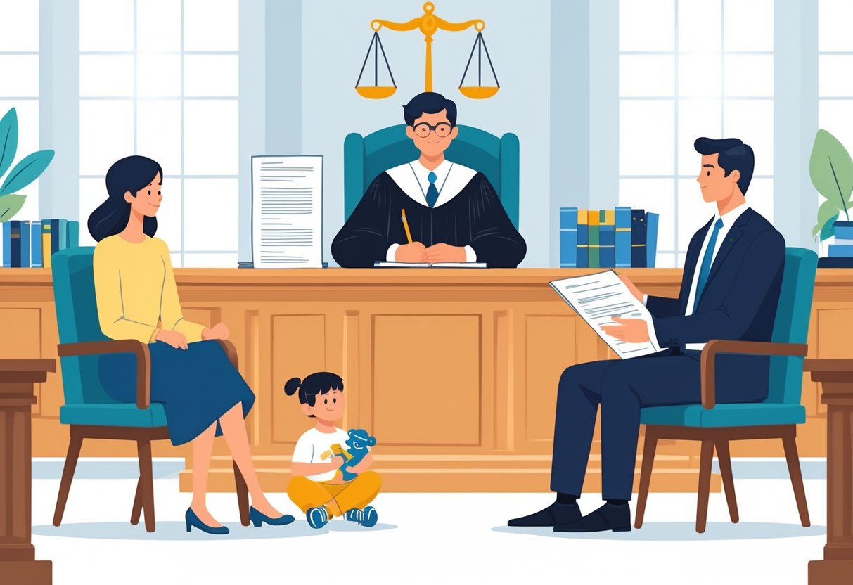 A judge reviews parenting plan documents in a courtroom while a mother, father, and child sit together, showing cooperation and care.