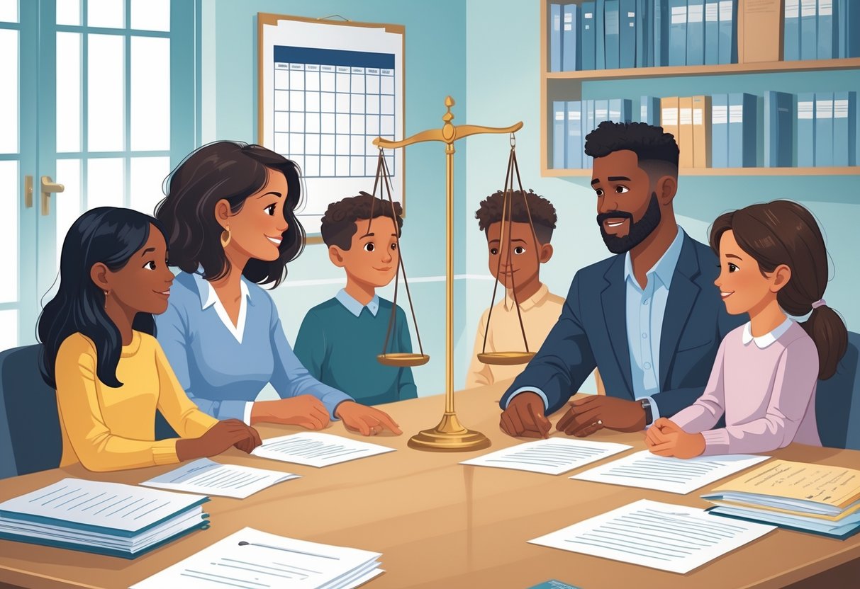 A family meeting with a mediator in an office, showing parents and children discussing parenting plans with legal documents and a calendar on the table.