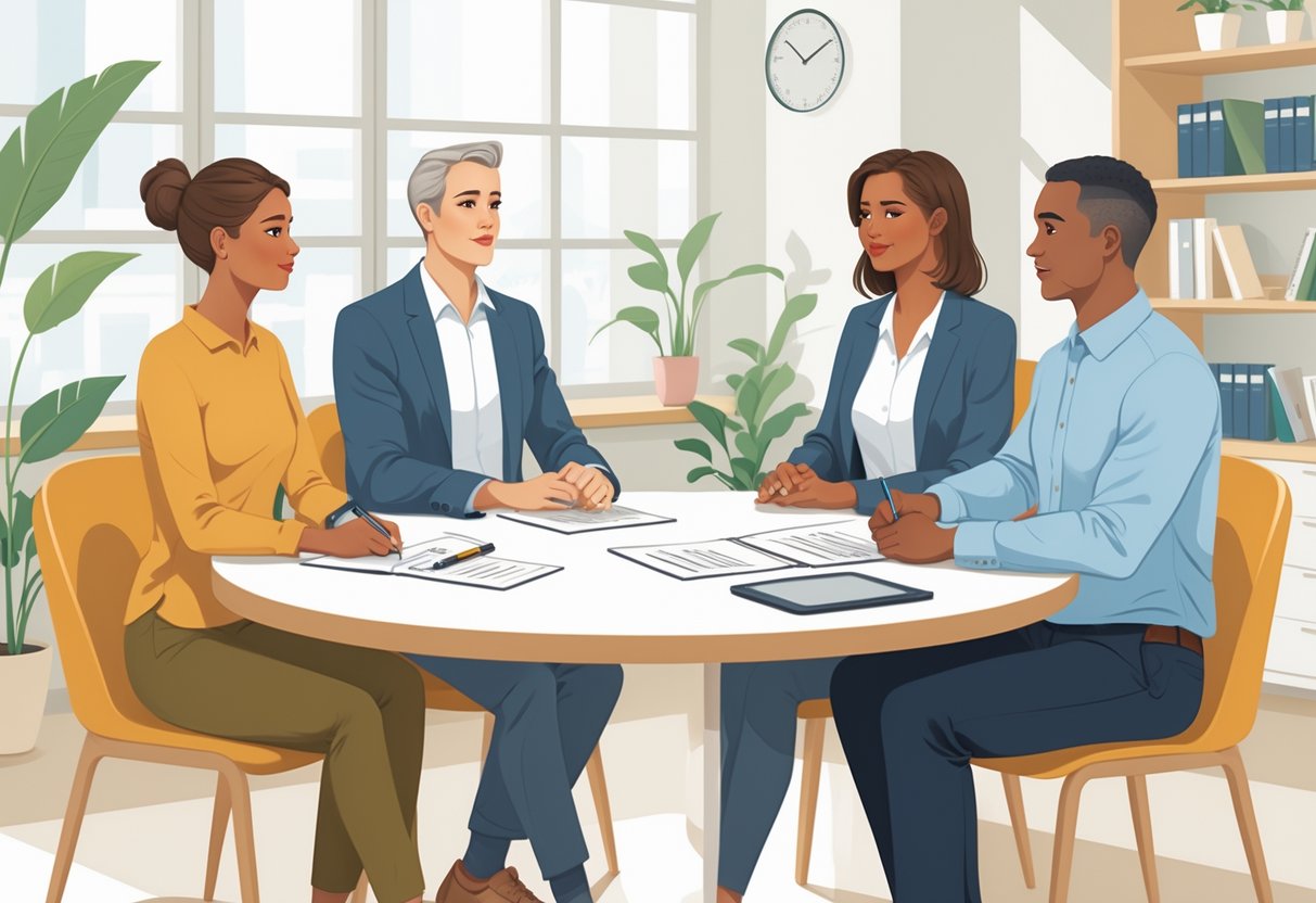 A mediator sits at a table with a mother and father in a bright office, discussing co-parenting issues calmly and respectfully.