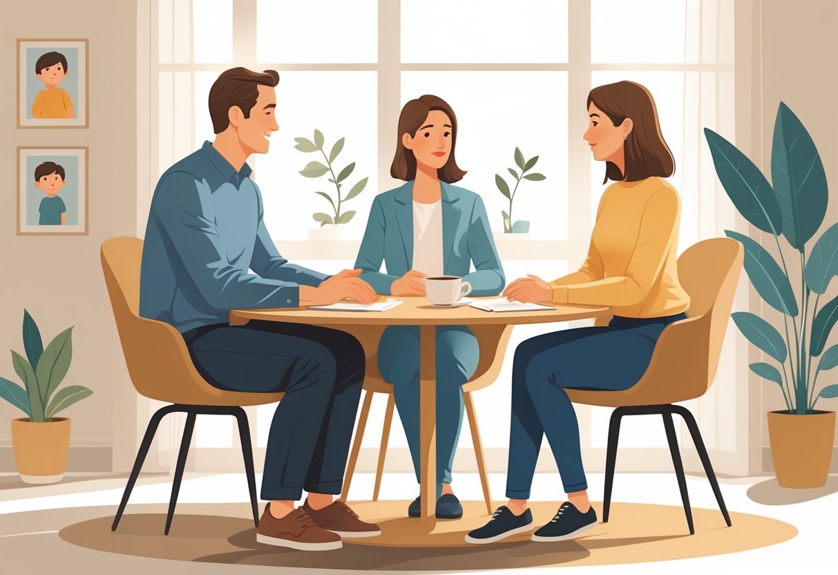 Two parents and a mediator sitting at a table having a calm and respectful conversation in a bright room.