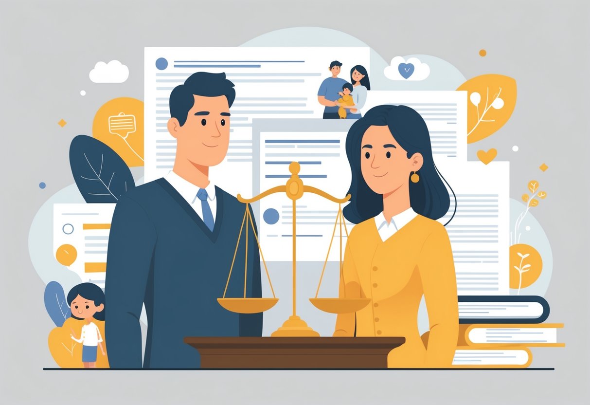 Two adults standing together with a balanced scale between them, surrounded by symbols of family, children, and legal documents.