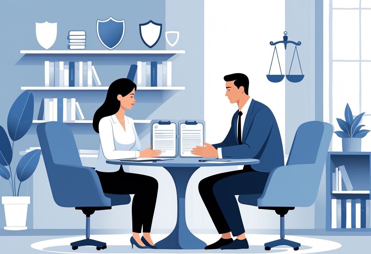 Three adults sitting around a table in an office, engaged in a calm discussion with legal documents present, conveying cooperation and safety in co-parenting.