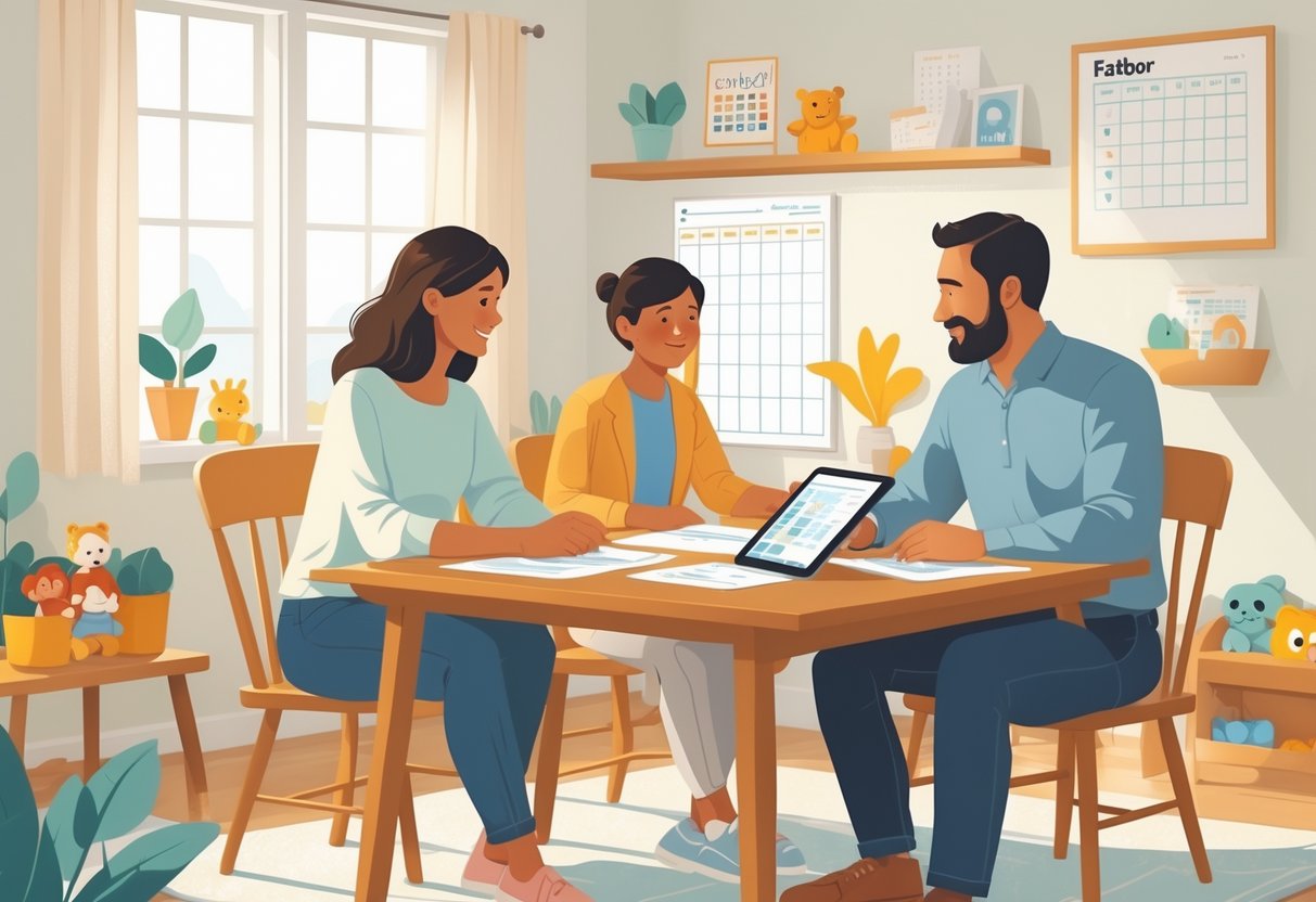 Two parents and a counselor sitting at a table in a living room, discussing documents related to parenting plans.