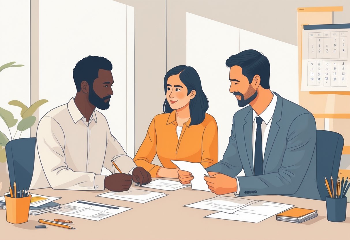 Two parents and a mediator sitting around a table reviewing documents related to updating a parenting plan.