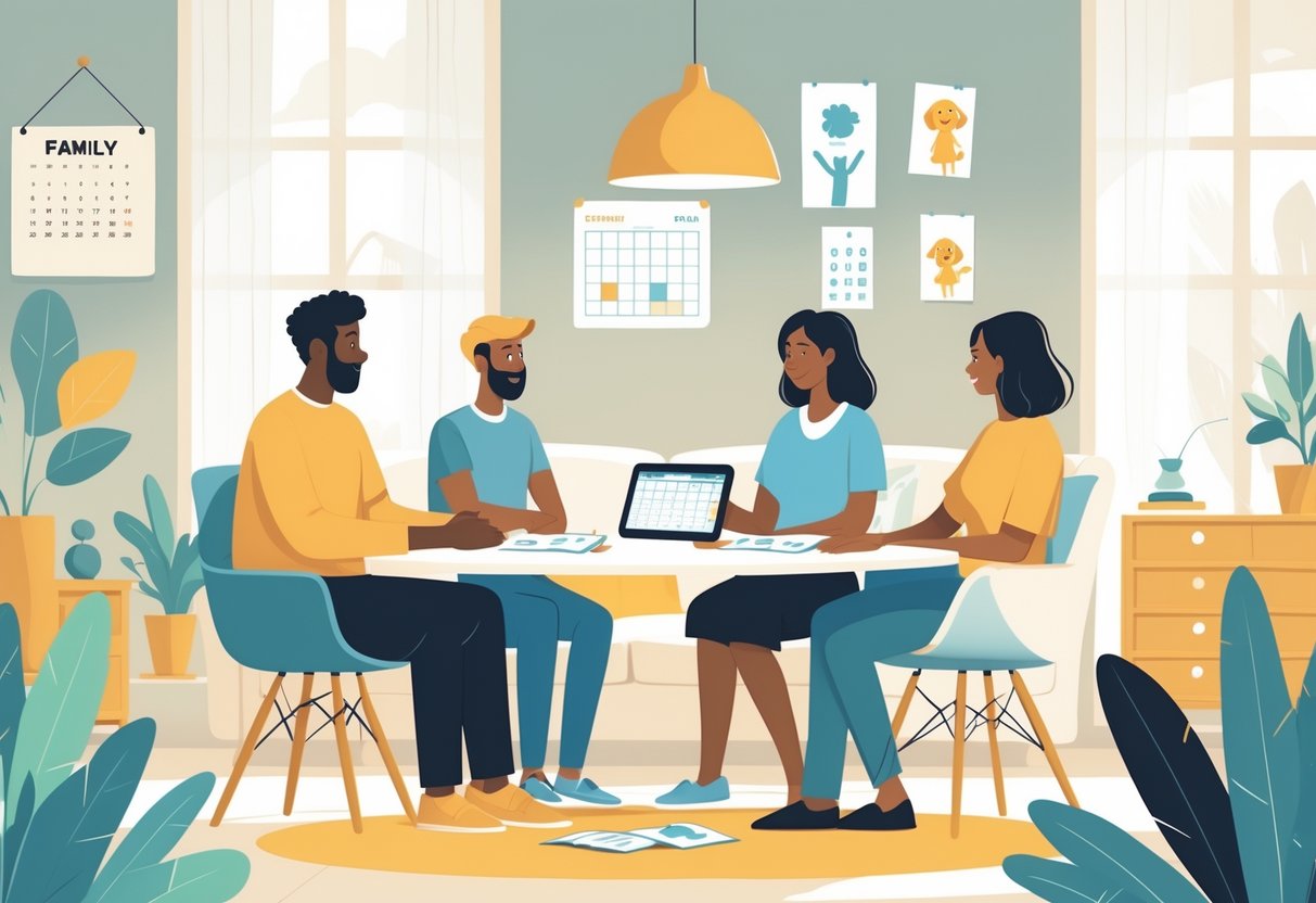 Two parents and a mediator sitting around a table discussing documents in a living room with family-related items in the background.